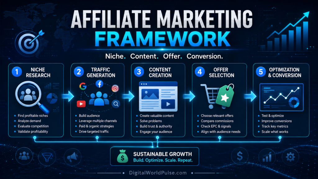 Affiliate marketing framework covering niche research, traffic generation, content creation, offer selection and conversion optimization
