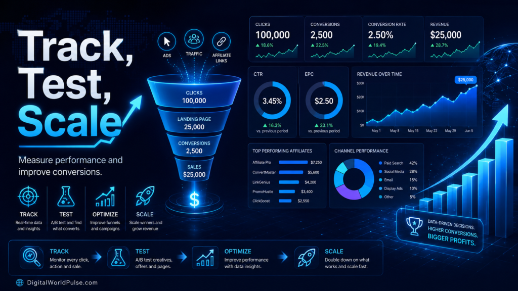 Affiliate marketing framework covering niche research, traffic generation, content creation, offer selection and conversion optimization