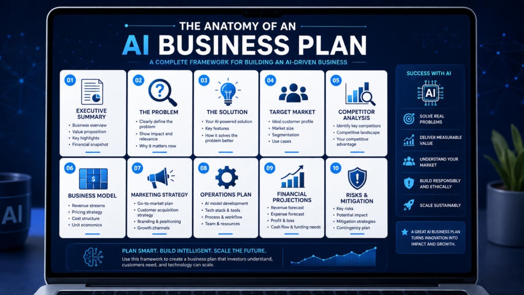 Anatomy of an AI business plan with market analysis, financial projections and growth strategy