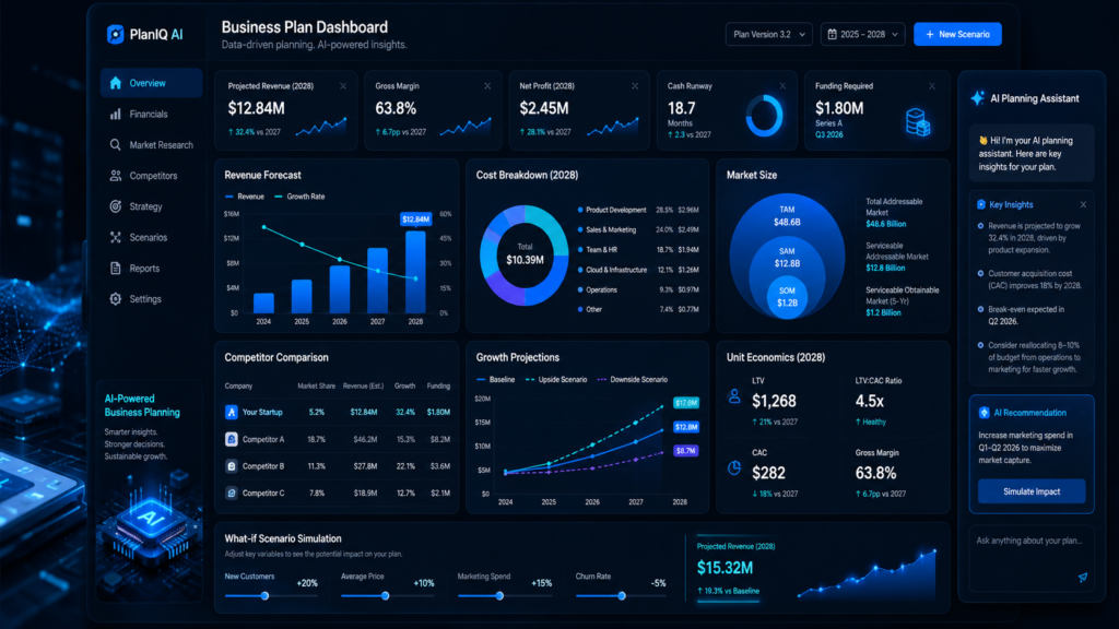 AI business planning dashboard with revenue forecasts, competitor analysis and financial metrics