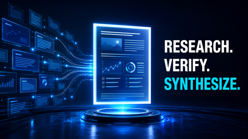 AI Research Assistant synthesizing verified evidence into a clear report