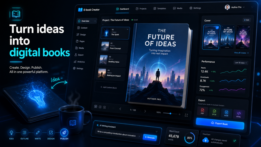 Digital e-book publishing platform for creating, designing, exporting and tracking professional e-books