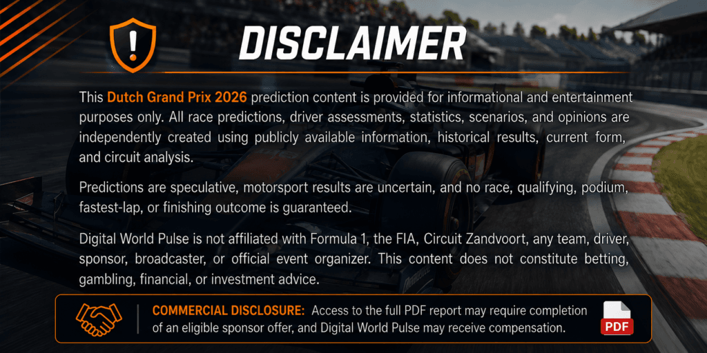Dutch Grand Prix 2026 prediction disclaimer for informational and entertainment purposes onl