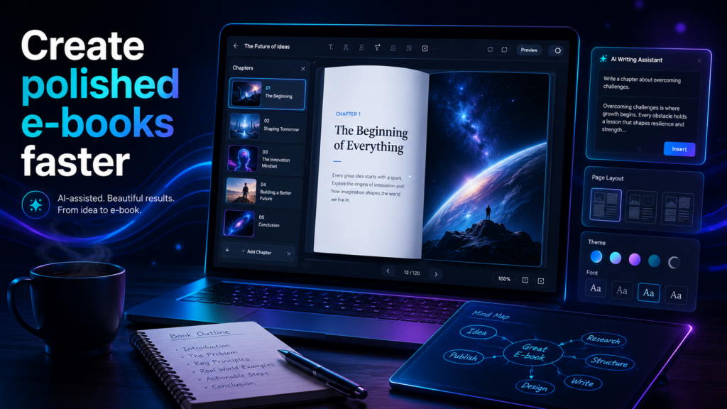 E-book creation workflow from idea and outline to draft, design and publishing