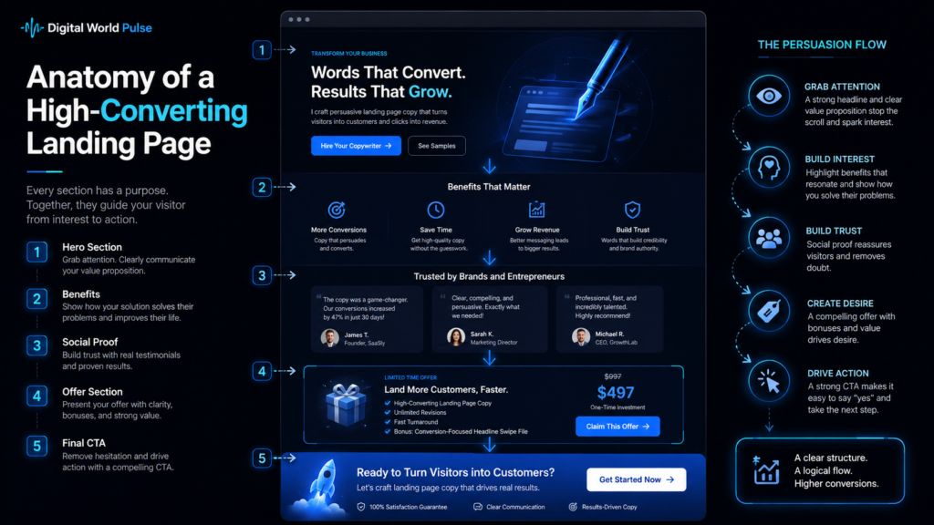Anatomy of a high-converting landing page with hero section, benefits, social proof and CTA