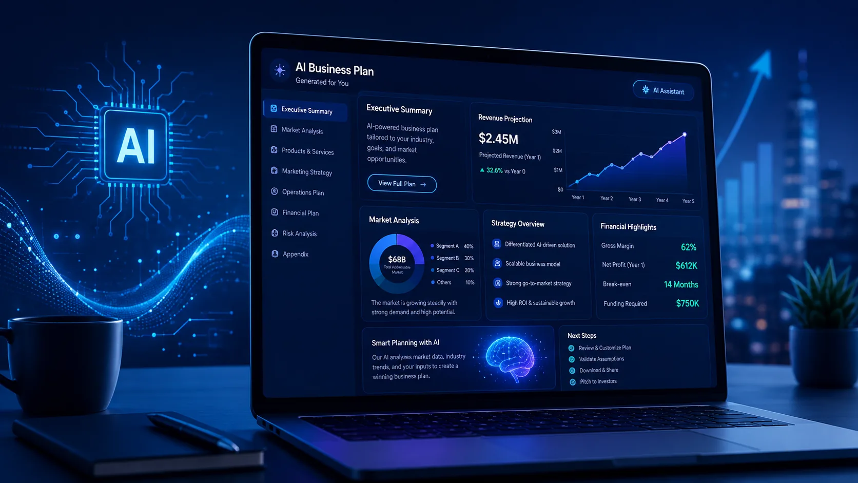 AI Business Plan Generator dashboard for creating data-driven business plans