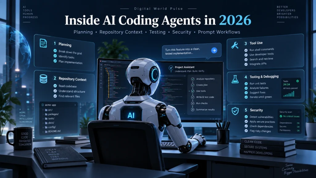 AI Coding Agents in 2026 workflow with planning, repository context, testing, security and prompt examples