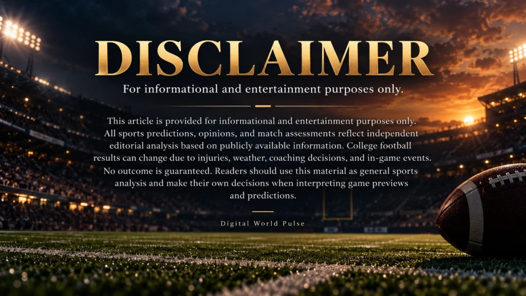 College football stadium at sunset with football on the field and informational disclaimer for Digital World Pulse Week 4 predictions and analysis.