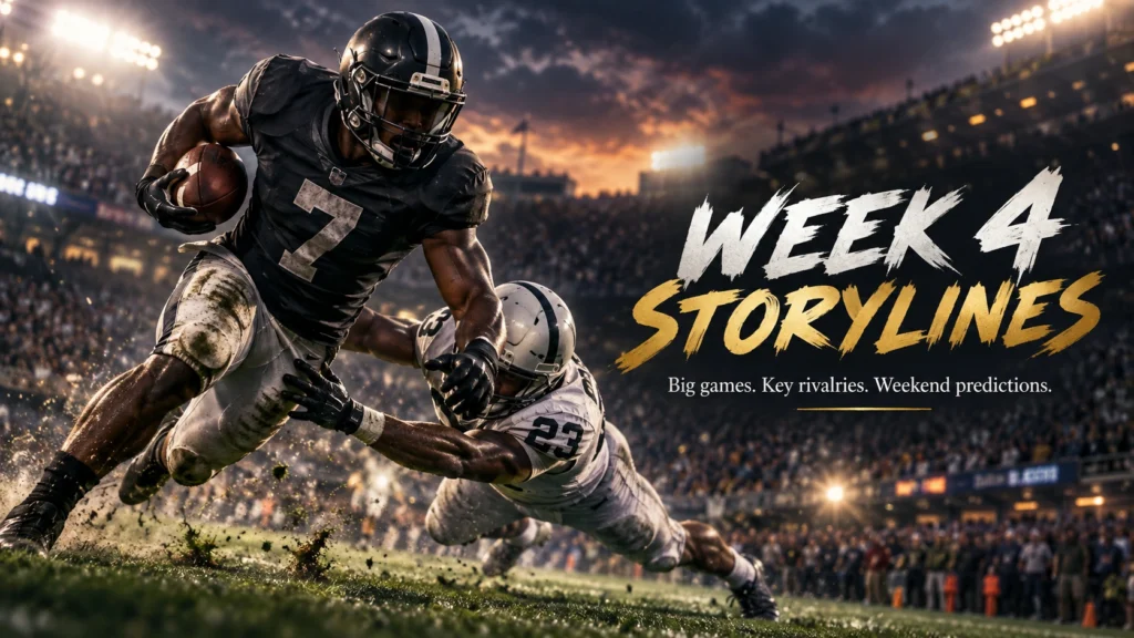 College Football Week 4 storylines graphic showing an intense tackle during a night game, representing key rivalries, predictions and weekend analysis.