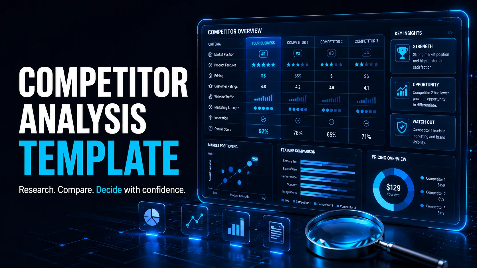Competitor analysis template with competitor comparison dashboard, pricing, market positioning and key insights