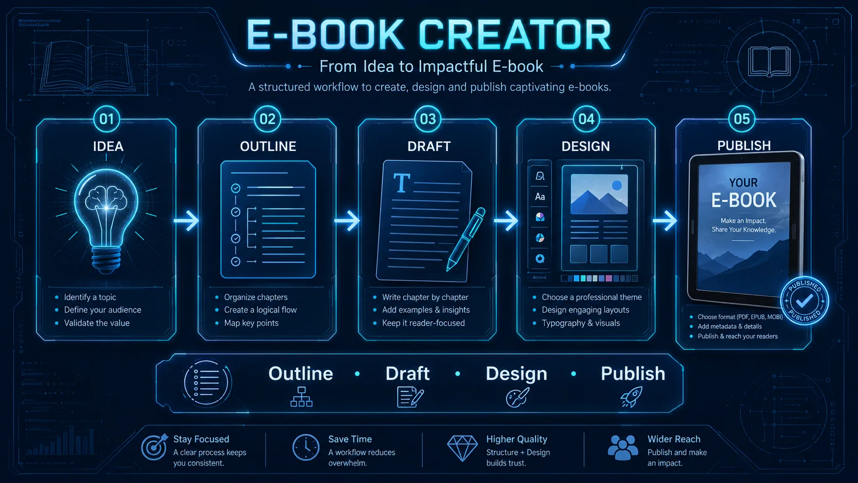 E-book Creator AI writing workspace for planning, writing, designing and publishing polished digital books
