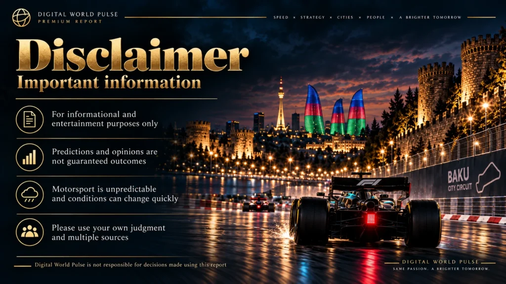 Formula 1 Azerbaijan Grand Prix 2026 disclaimer with important information and a race car on the Baku City Circuit at night.