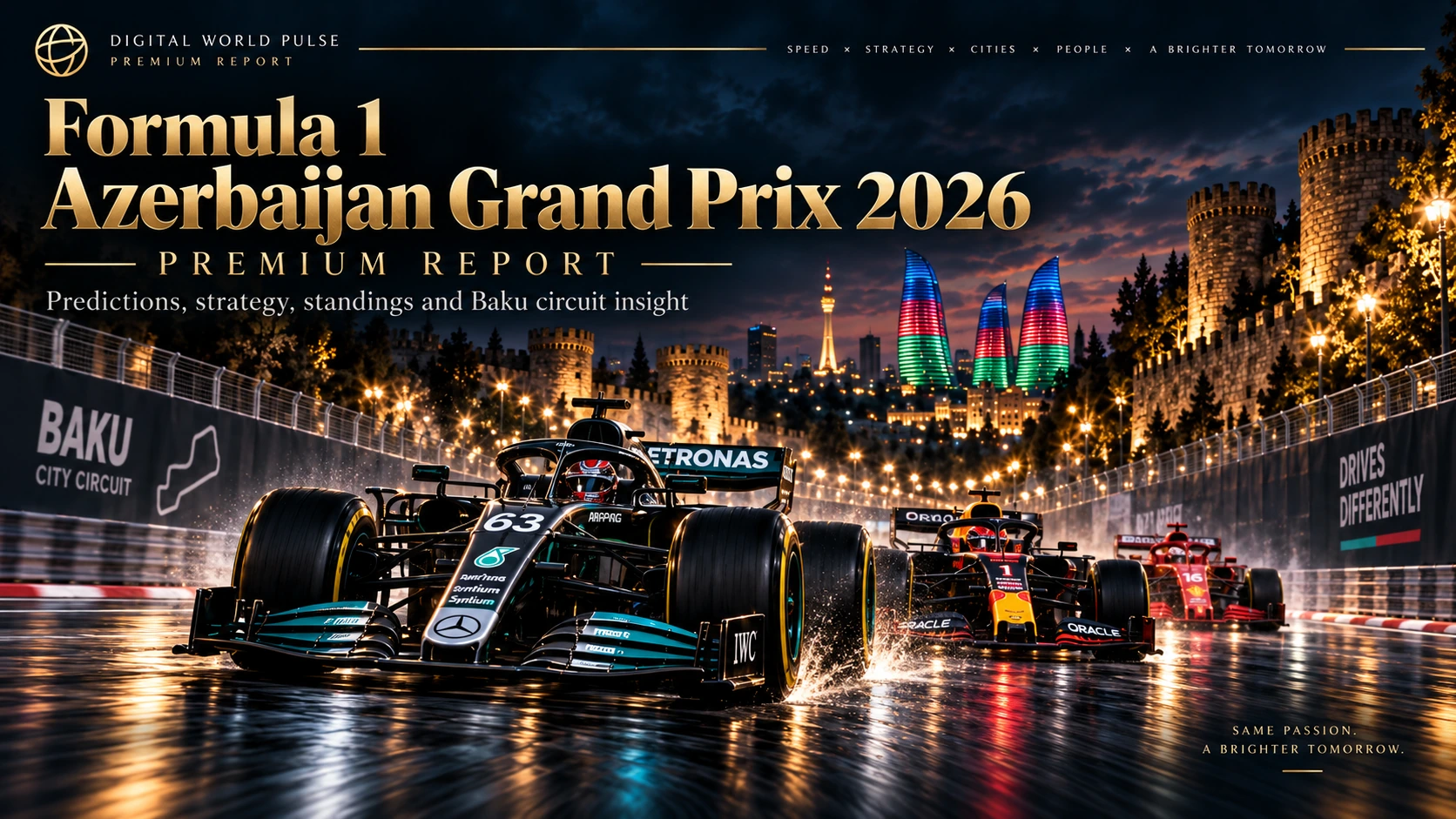 Formula 1 Azerbaijan Grand Prix 2026 cars racing at night on the Baku City Circuit with the illuminated Baku skyline.