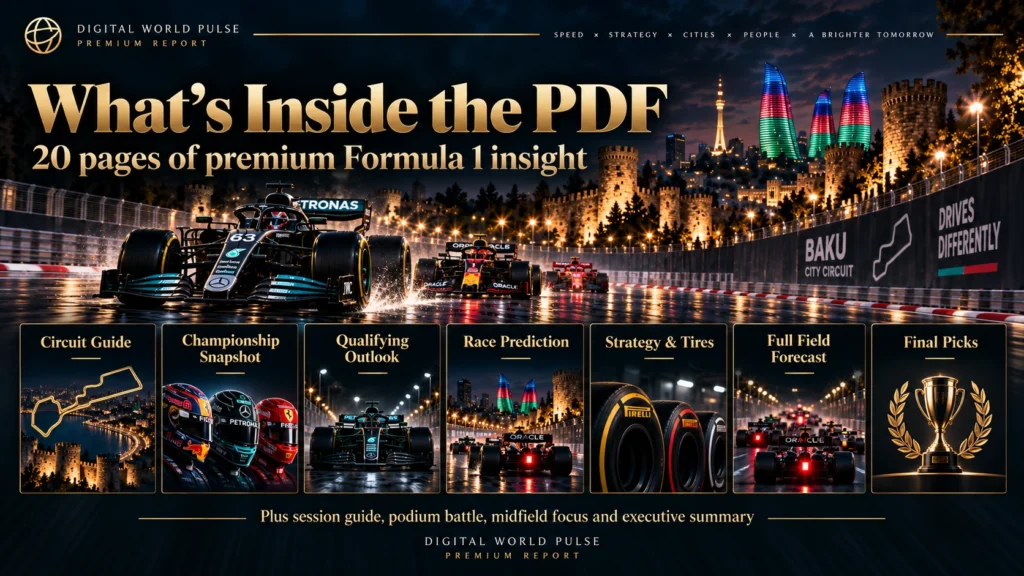 Formula 1 Azerbaijan Grand Prix 2026 premium PDF contents featuring circuit guide, championship standings, qualifying outlook, race predictions, strategy and full field forecast.