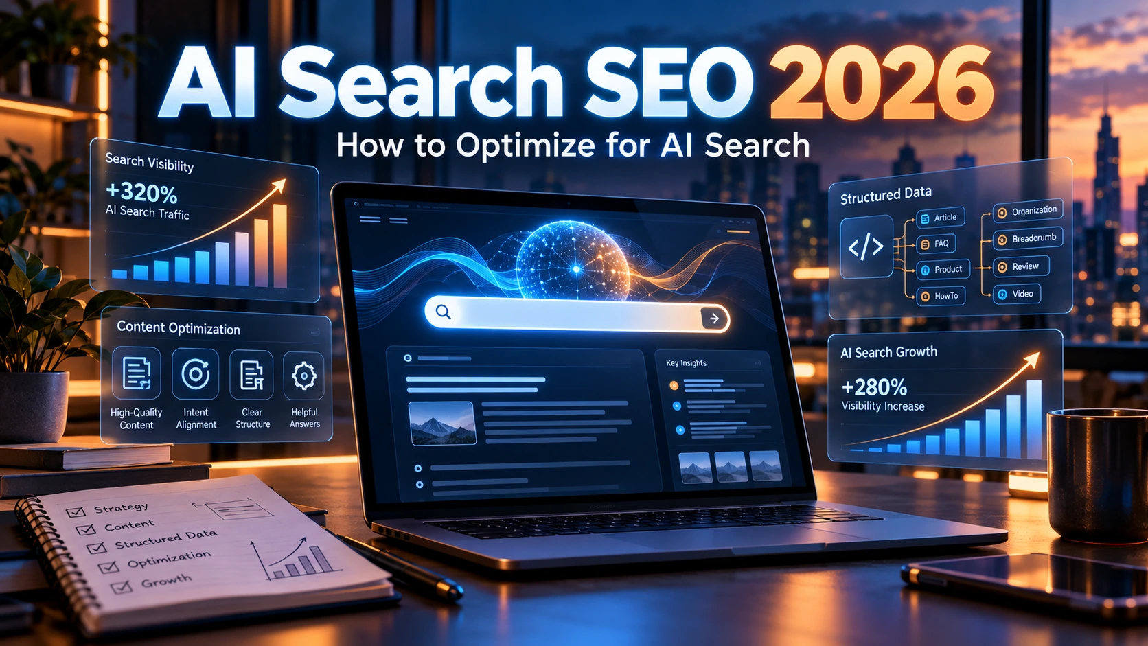 Google AI Overviews SEO 2026 guide showing AI search optimization, structured data, content strategy, and search visibility