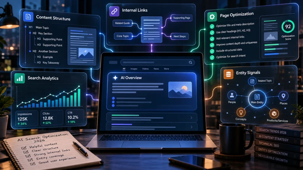 Google AI Overviews SEO dashboard showing content structure, internal links, entity signals, page optimization, and search analytics