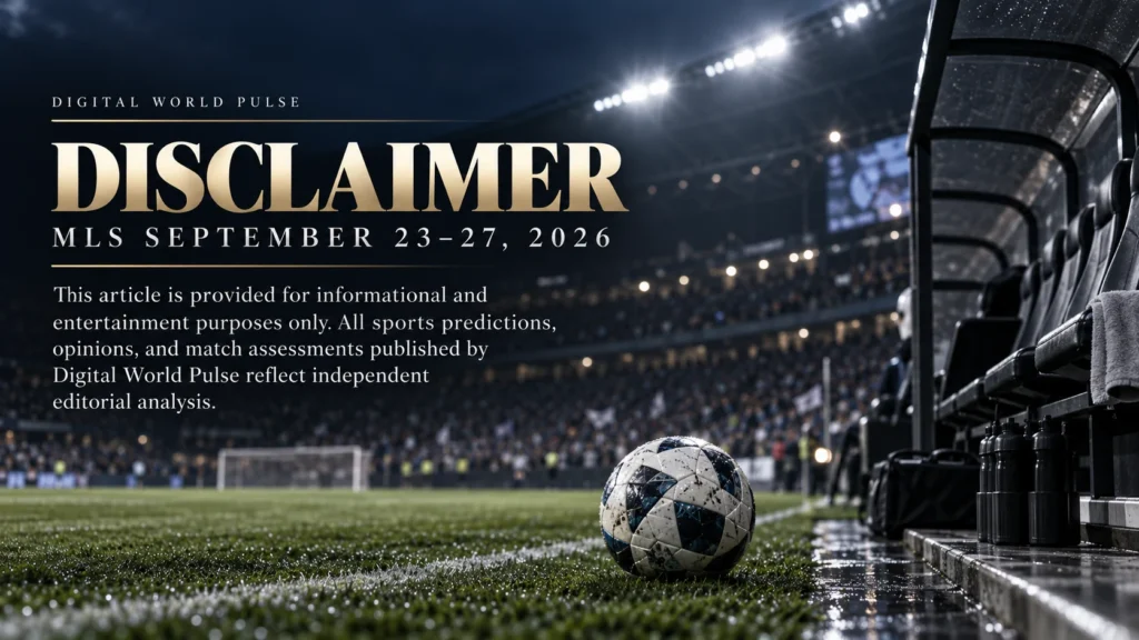 MLS predictions September 23–27, 2026 disclaimer graphic with soccer ball beside the technical area in a night stadium.