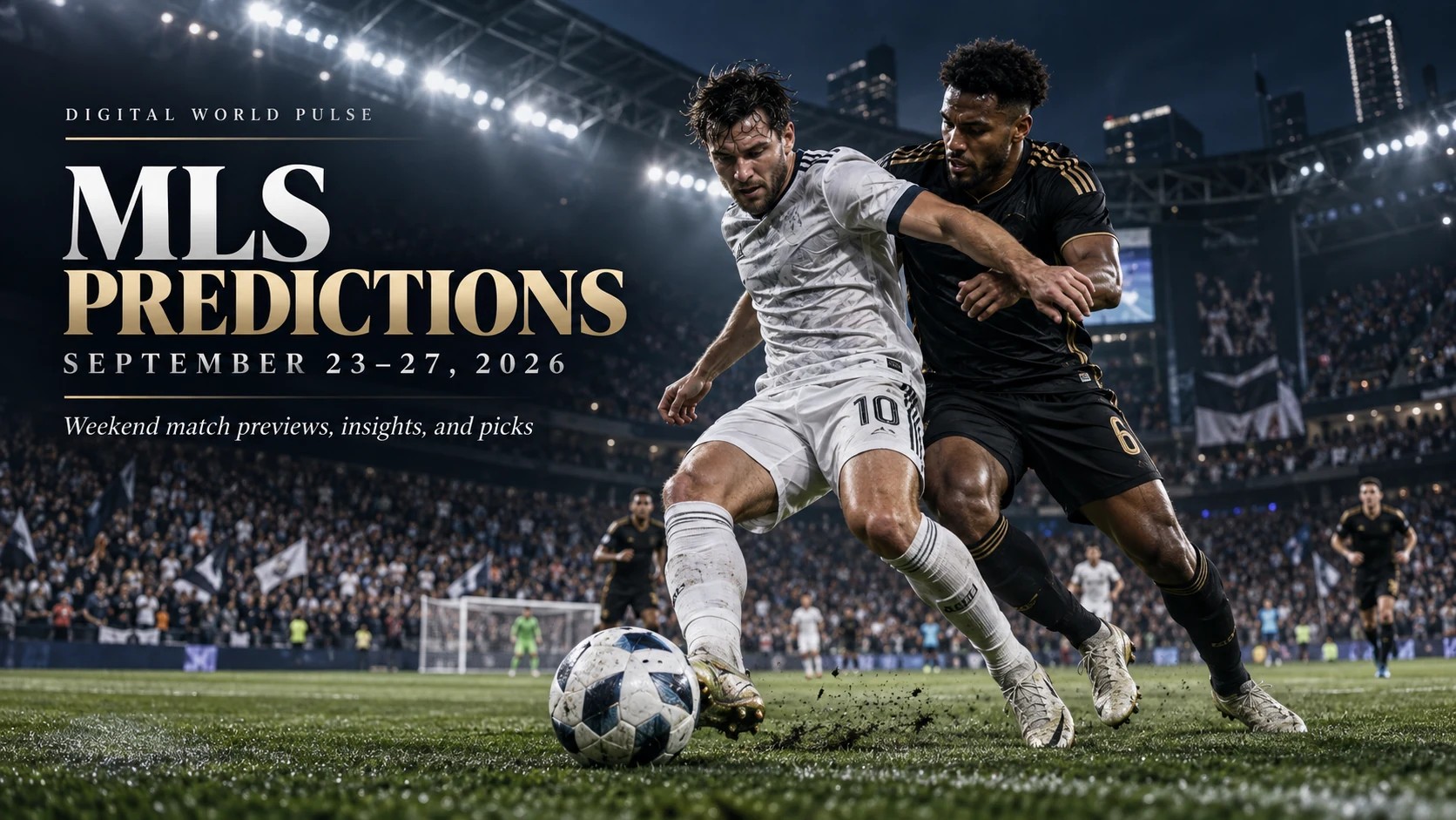 MLS predictions September 23–27, 2026 with two soccer players battling for the ball under stadium lights.
