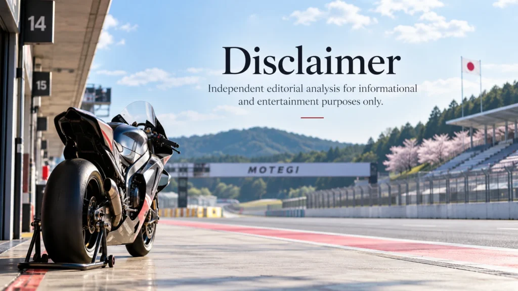 MotoGP Japan Motegi 2026 disclaimer graphic with a race bike in the pit lane during daylight for informational and editorial analysis purposes.