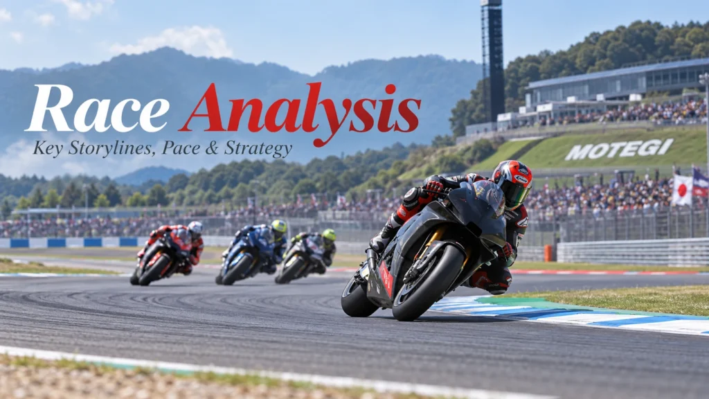 MotoGP Japan 2026 race analysis at Motegi featuring on-track action, pace, strategy and key weekend storylines.