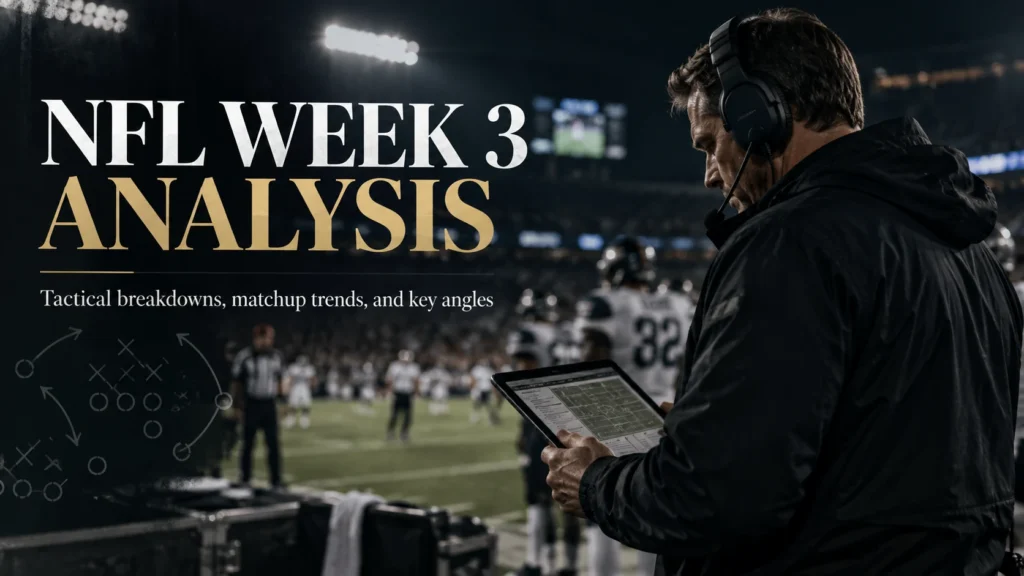 NFL Week 3 2026 analysis graphic with a coach reviewing tactical plays on a tablet from the sideline.