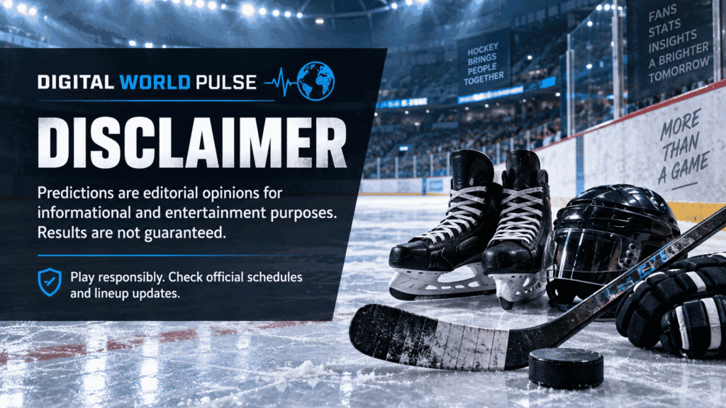 Digital World Pulse predictions disclaimer and affiliate disclosure beside a hockey helmet, stick and puck.